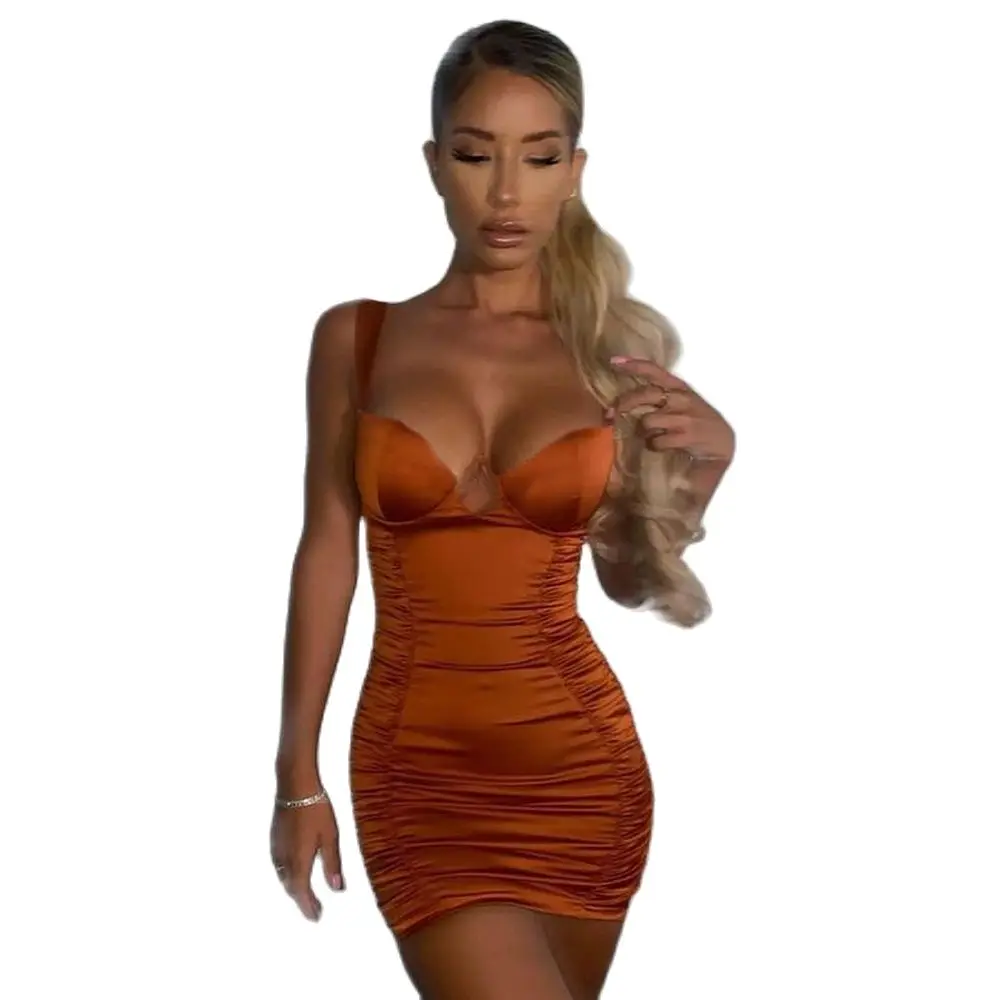 

XLLAIS атласные коричневые платья на день рождения с рюшами, женские пикантные облегающие мини-платья без бретелек, обтягивающие халаты на мол...