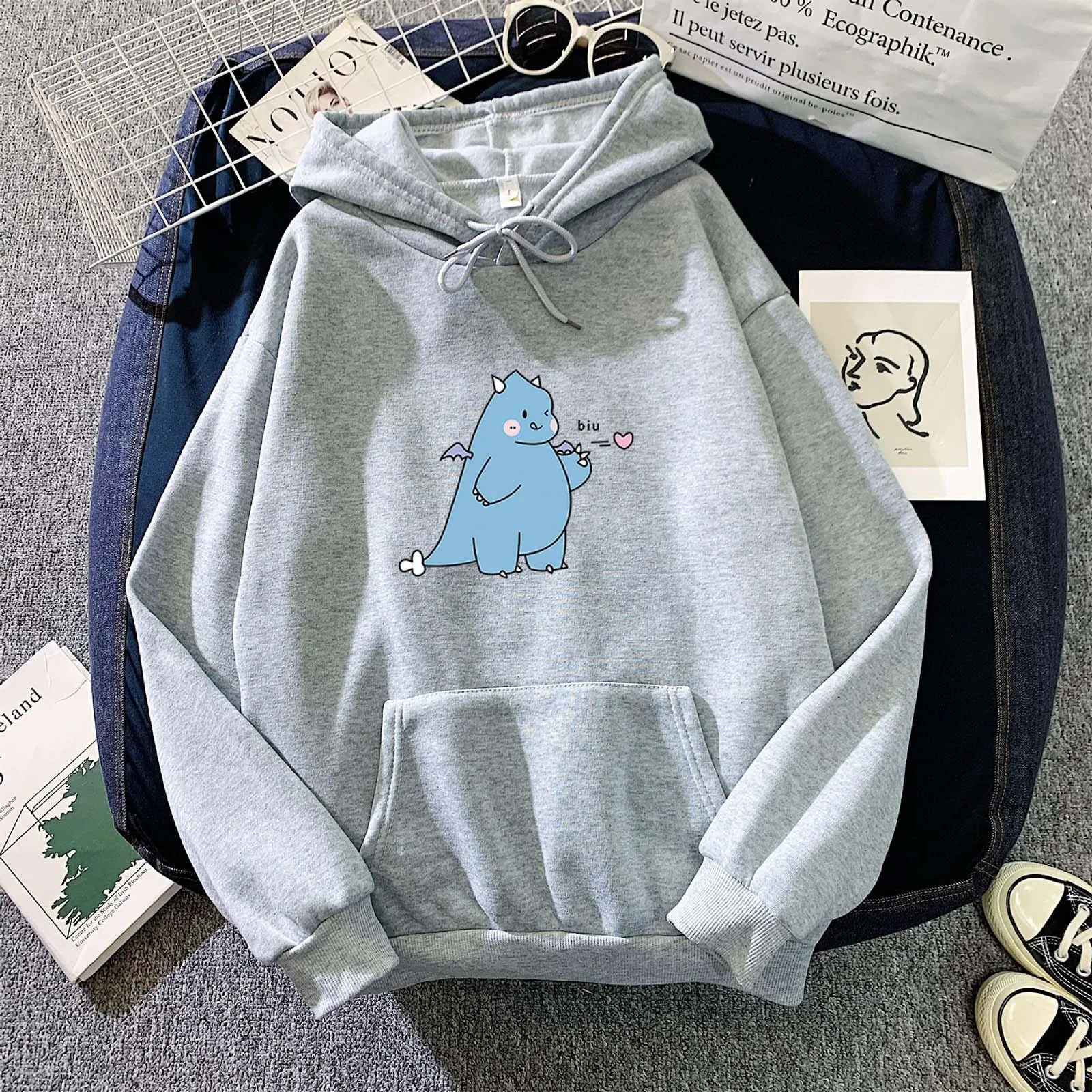 Sweatshirt Dinosaur Print Women's Autumn Velvet Oversized Cartoon Stitching Loose Plus Size Pocket Hooded Sweatshirt 2021 New