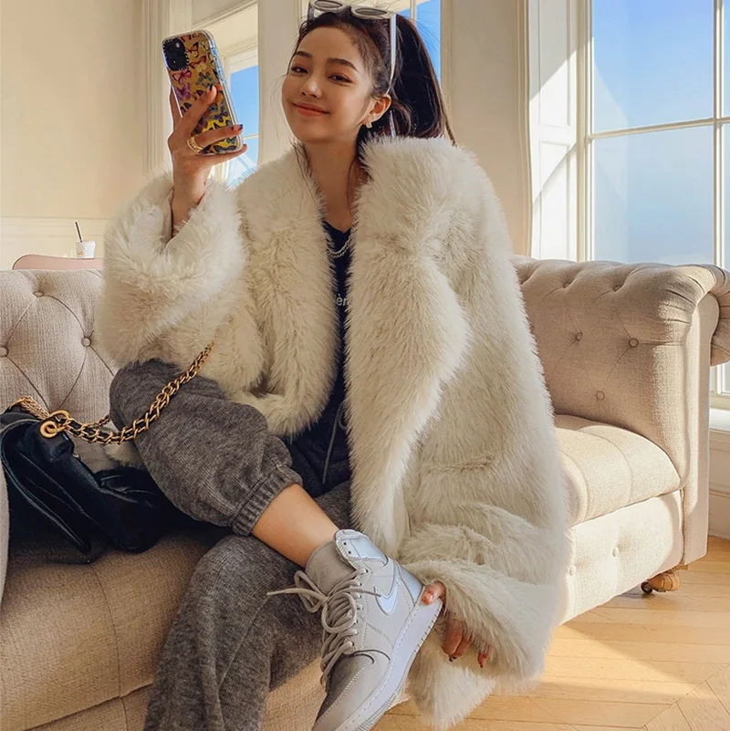 

Toka winter imitation fur mid-length thickened young style warm furry street suit collar fur jacket women
