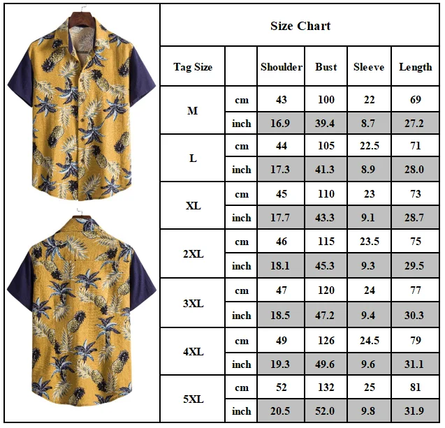 

Mens Short Sleeve Pineapple Printed Shirt Summer Button Up Casual Blouse Tops