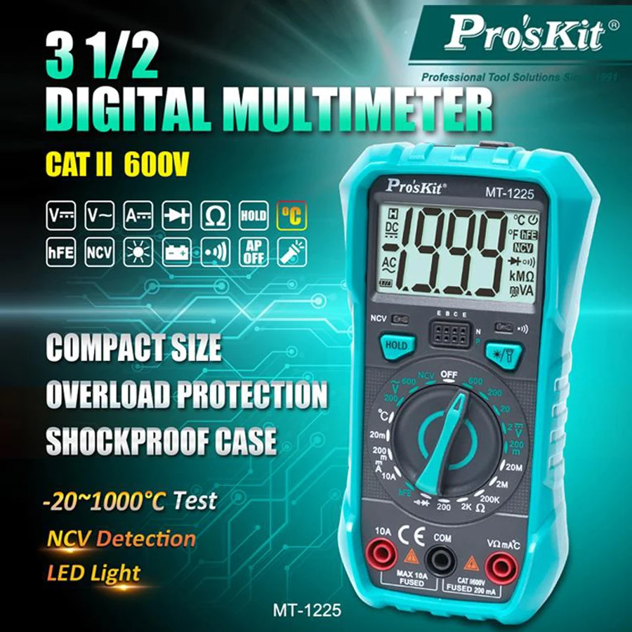 Pro'sKit MT-1225 3-1/2 THE VERSATILE DIGITAL MULTIMETER For ACV DCA DCV Resistance Diode test Triode and Continuity | Инструменты