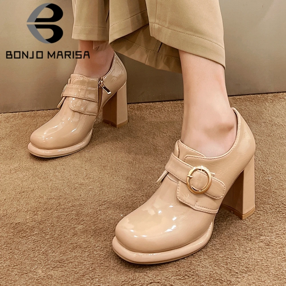 

Женские офисные туфли BONJOMARISA, стильные туфли на молнии с круглым носком и пряжкой, однотонные модные новые туфли-лодочки, женские повседневн...