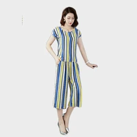 top selling product in 2020 lady clothes set summer striped two piece set large size middle age clothing t shirtwide leg pants