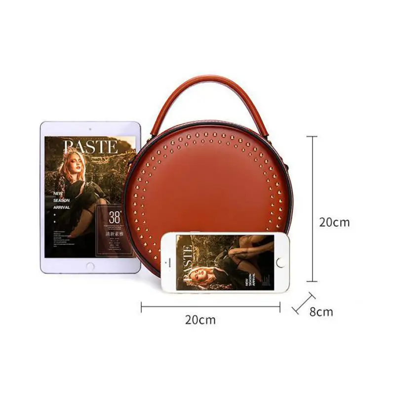 

Johnature Fashion Designer Bag Summer 2021 New Retro Rivet Genuine Leather Shoulder Bags Circular Small Handbag Messenger Bag