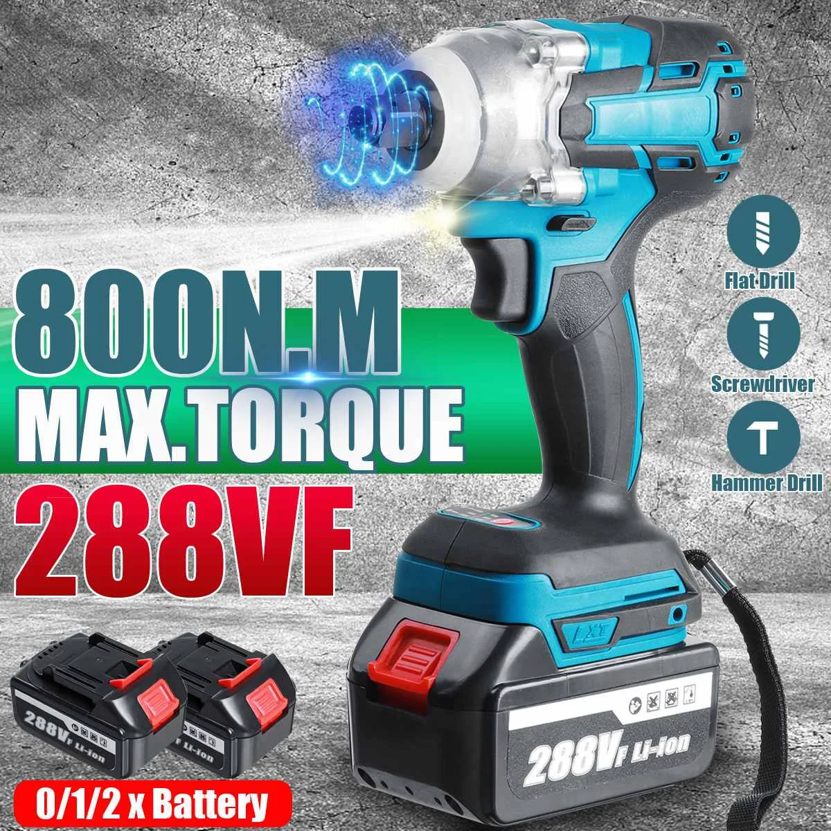 

288VF Brushless Electric Impact Wrench 1/2 13000Amh Lithium-Ion Battery 6200rpm 800 N.M Torque Power Tools 110-240V + LED light
