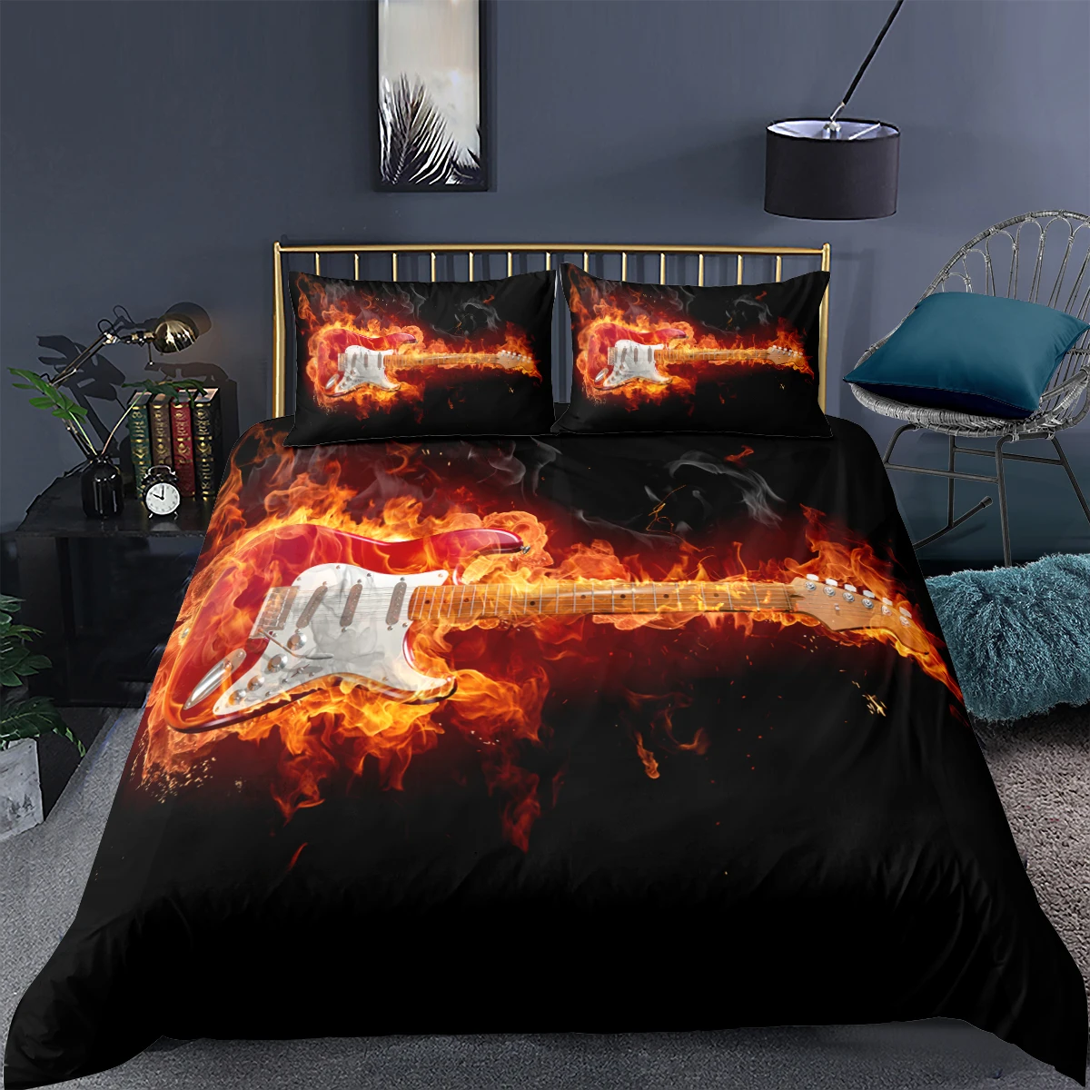 3D страсть с принтом в виде гитары пододеяльник черный Постельное белье Мягкие