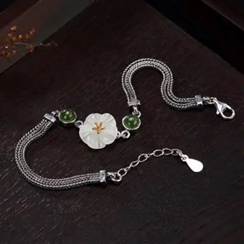 

S925 Sterling Silver Vintage Plant Flower Bracelet Natural Hetian Jade White Jade Jasper Inlaid Lotus Women's Bracelet