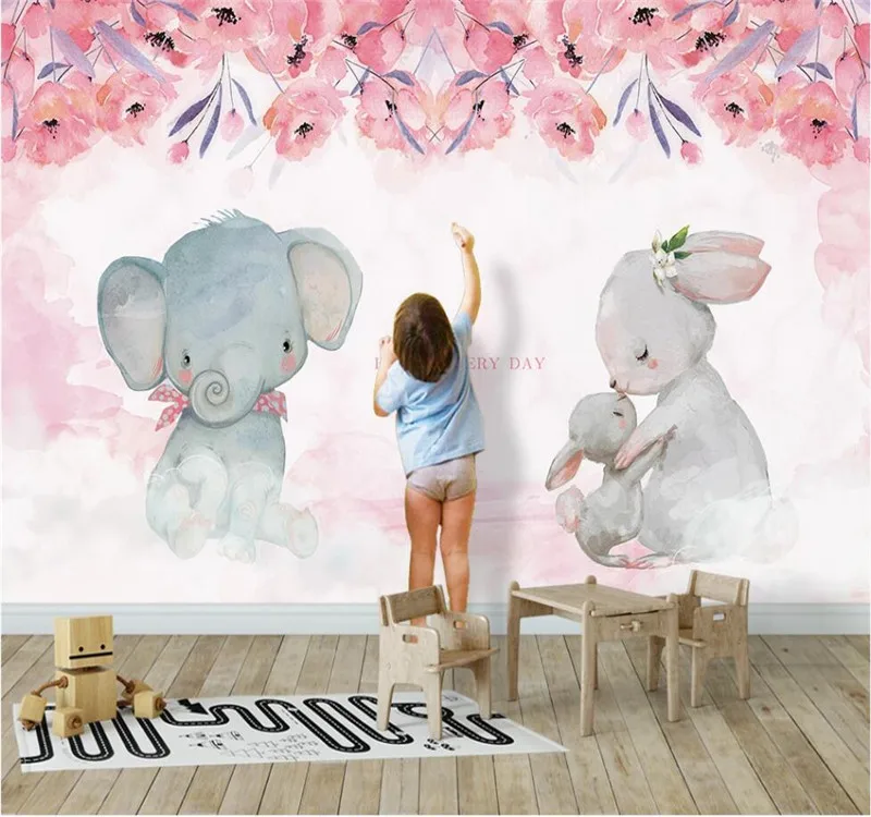 Custom mural wallpaper pink baby elephant rabbit children's room background wall home decoration
