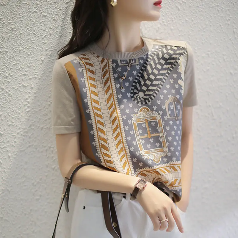 

European printed ice silk stitching knitted T-shirt women's 2021 spring and summer new style twill versatile short sleeve top