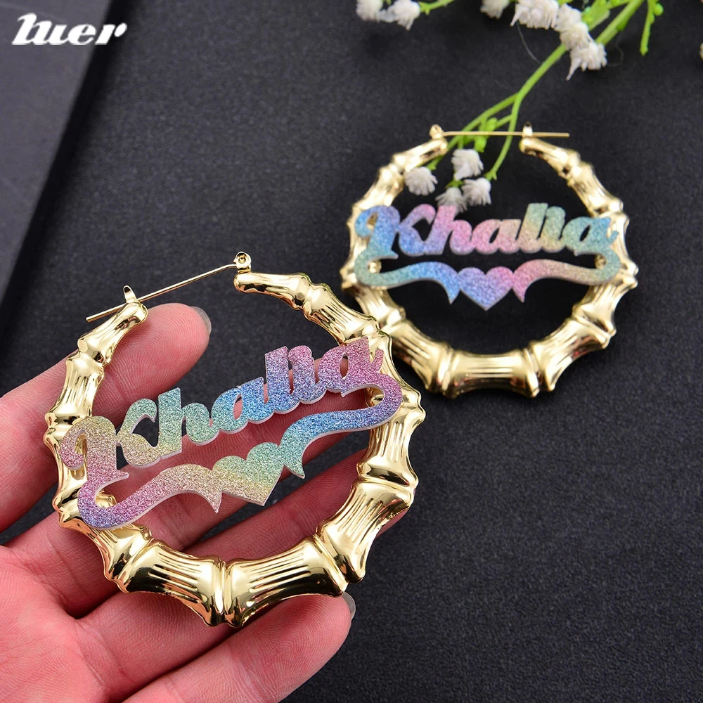 

LUER 50-100mm Stainless Steel Custom Name Bamboo Earrings Big Earring Colorful Design Bamboo Style For Women Hiphop Jewelry Gift