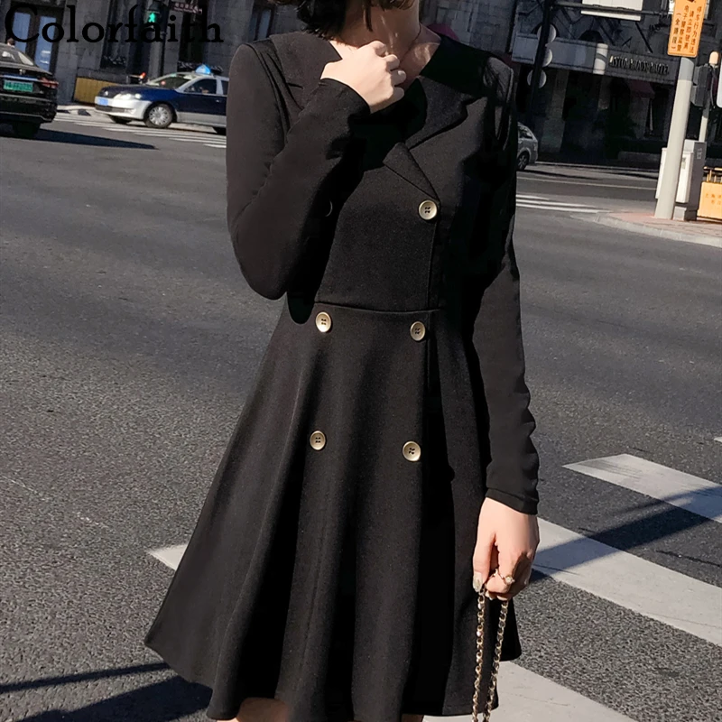 Colorfaith новинка 2020 весна лето женское платье отложной воротник двубортное