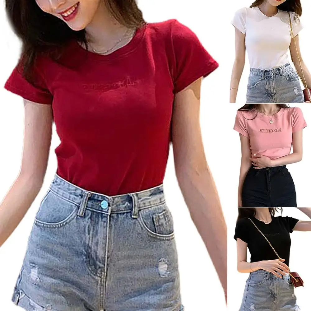 

Letter Print Women Short Sleeve Shirt Tees Summerl Ladies Casual All Match Tops