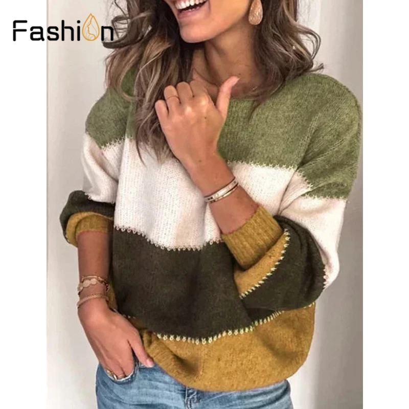 Plus Size 5XL Loose Autumn Winter Striped Sweater Women Pullover Sweaters High Quality Oversized Color Block Jumper | Женская одежда