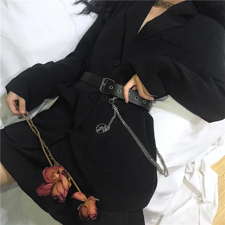 Harajuku Gothic Women Casual Jacket Autumn Long Sleeve Single-Breasted Black Coat With Chain Belt Punk Rock Topcoat Femme | Женская