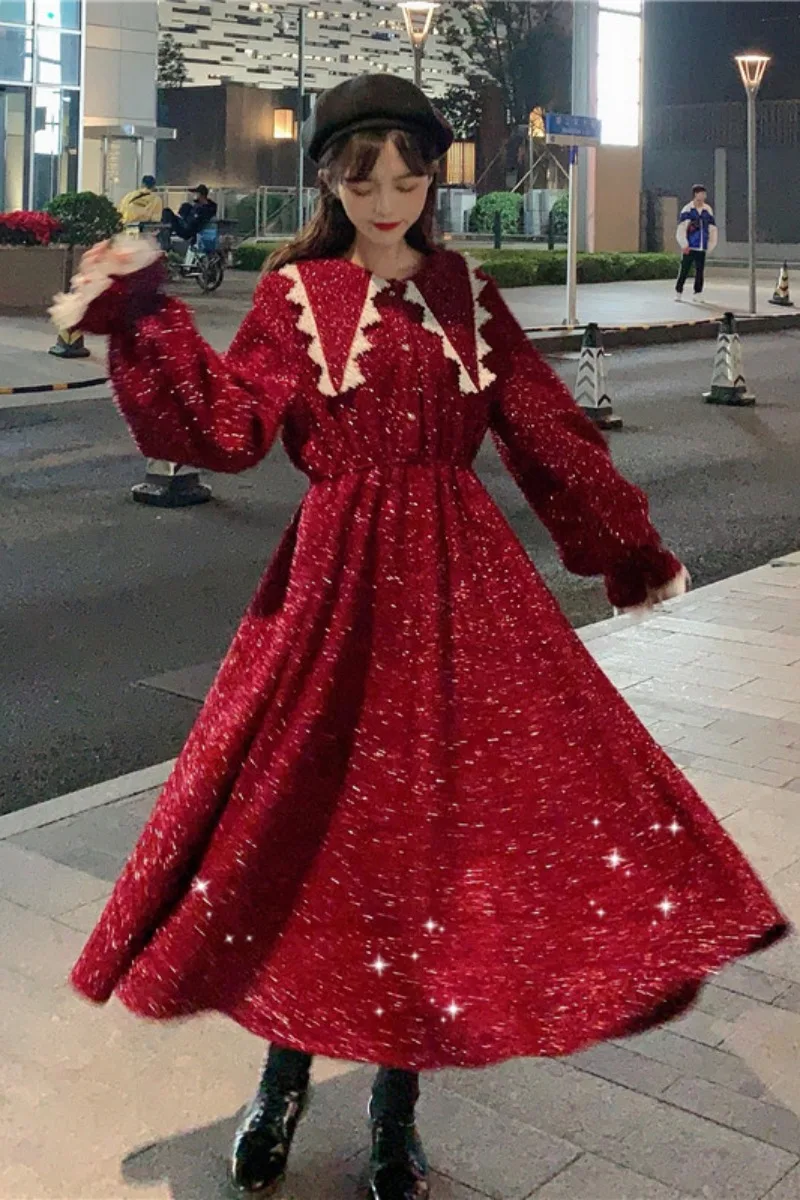 

Red Christmas Dress Women Autumn Elegant Retro Party Midi Dress Female Casual French Sweet Sequin Dress Fall 2020 Women Clothing