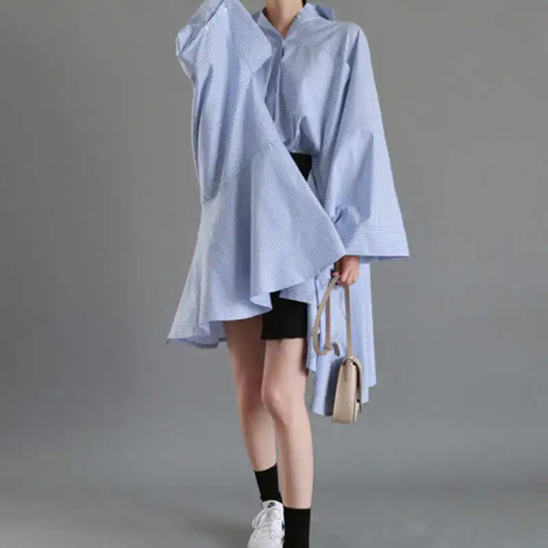 CHICEVER Striped Women Tops And Blouses Lapel Batwing Sleeve Loose Asymmetric Hem Ruffles Women's Shirts Korean Fashion Clothing | Женская
