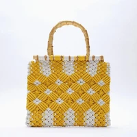cotton woven bag retro handmade flower handbags bamboo handle hand bags yellow large capacity tote beach bag travel straw bag