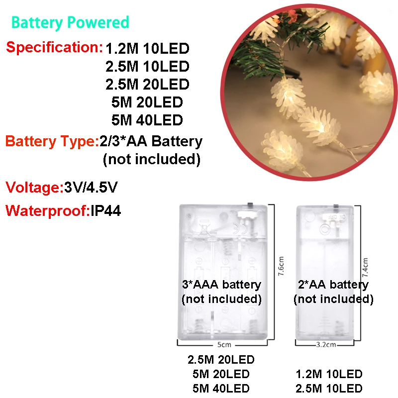 5M40LED сосновый конус Водонепроницаемая гирлянда на батарейках наружная сказочная Рождественская гирлянда для украшения садовой елки гостиной