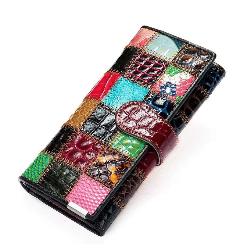 

Women's Wallet Long Purse Genuine Leather Clutch Bag Colourful Patchwork Money Bag Large Capacity Card Holder Cellphone Pocket