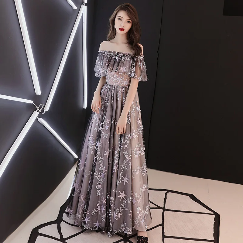 

Large Size 5XL Sexy Slash Neck Evening Party Dress Embroidery Star Banquet Dress Temperament A-line Prom Dress Robe De Soiree