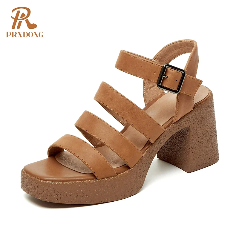 

2021 New Brand Women Sandals Shoes Genuine Leather Square High Heels Platform Sandals Summer Fashion Buckle Party Dress Shoes 39
