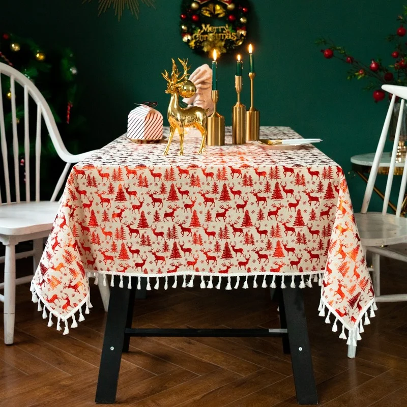 

NEW 2022 Christmas Red Gold Elk Tablecloth Bronzing Tassel Cotton Linen Table Cloth Table Cover Home Decor Xmas Table Runner