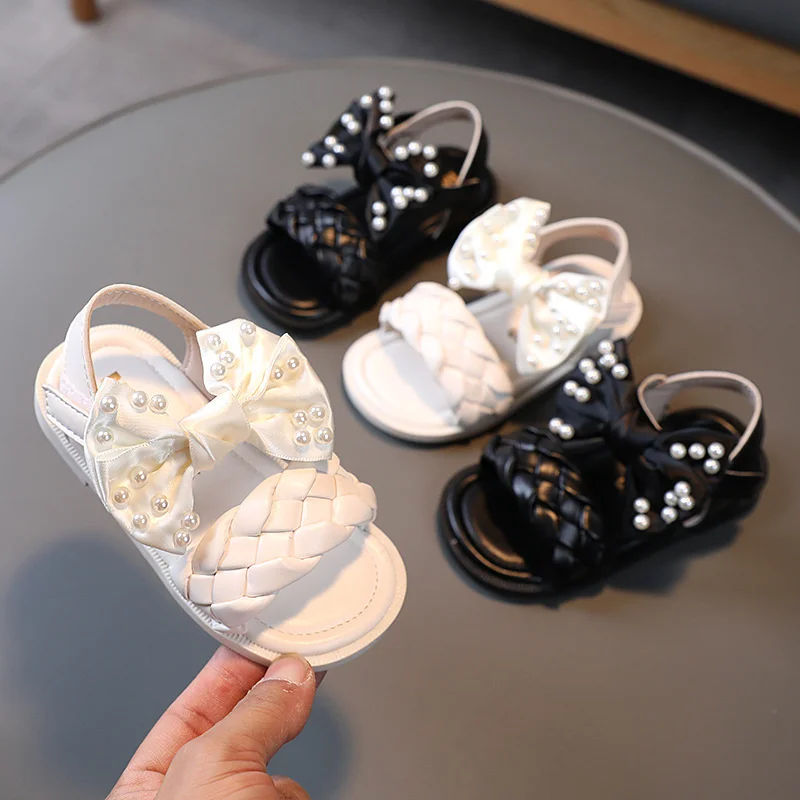 

2021 summer new girls pearl sandals woven shoes princess shoes butterfly beach shoes girls