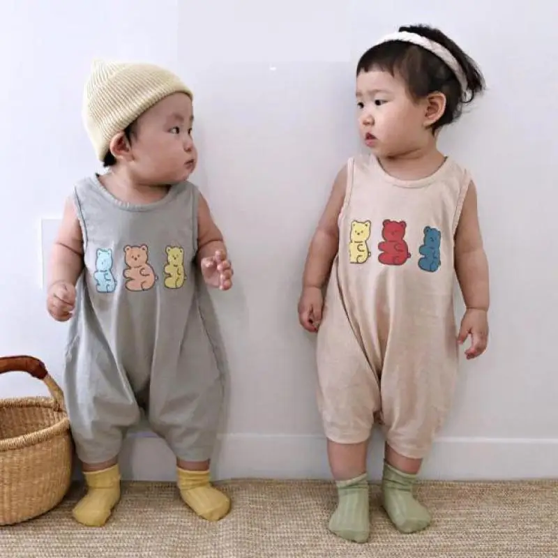 

2021 New Infant Sleeveless Jumpsuit Summer Newborn Boys And Girls Clothes Cute Cartoon Print Baby Romper Cotton Toddler Overalls