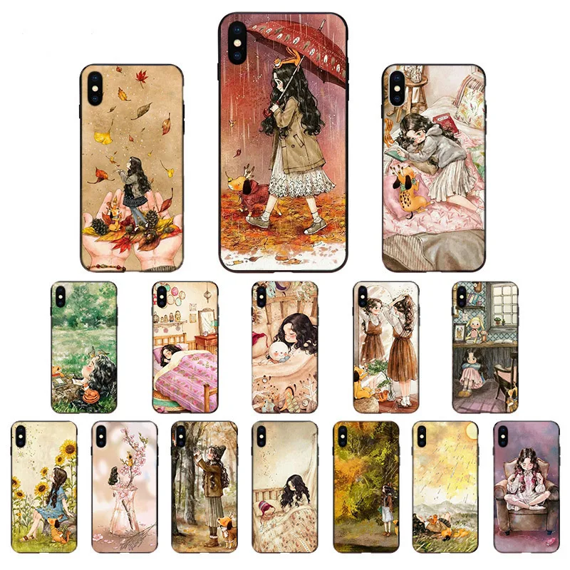 

Art Paniting Diary Dog Forest Girl Phone Case for iPhone X XS MAX 6 6S 7 7plus 8 8Plus 5 5S XR 10 11 11pro SE 2020 Fundas Cover