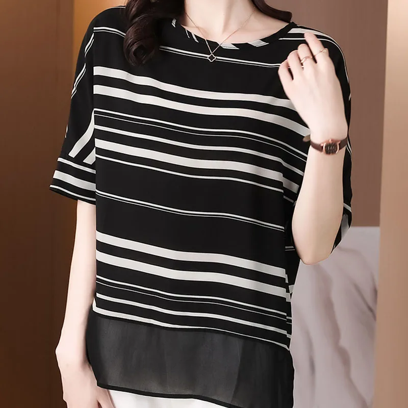 Женская шифоновая рубашка летний топ в полоску с коротким рукавом модная женская