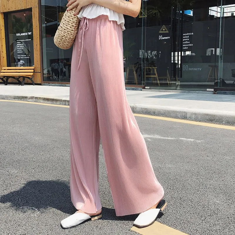 

Women Summer Solid Color Loose Wide Leg Pants 2019 Female Loose Fashion Drawstring High Waist Trousers Straight Casual Pants
