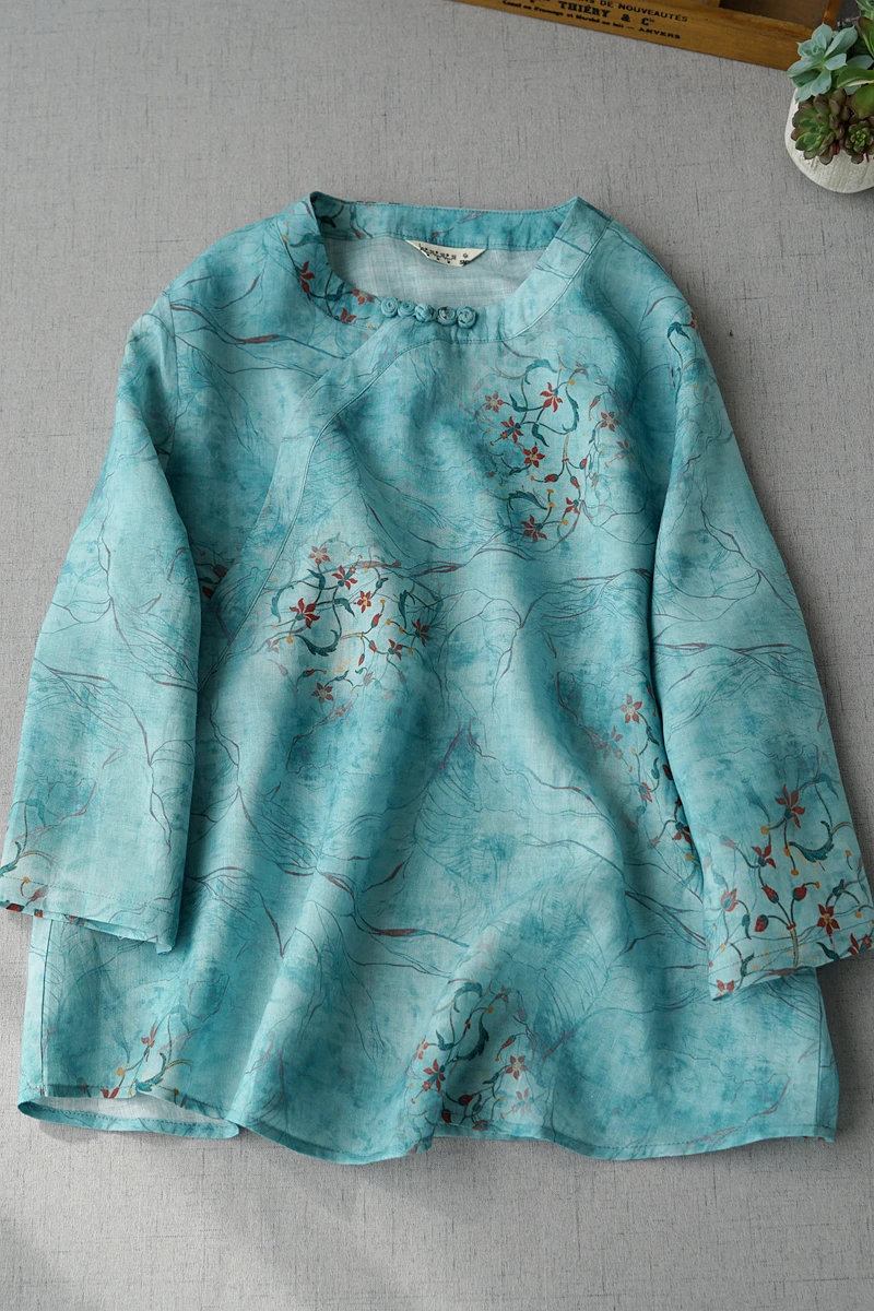 

Spring Summer Women Loose Plus Size Chinese Style Buttons Comfortable Water Washed Thin Ramie Pullover Tops Shirts/Blouse