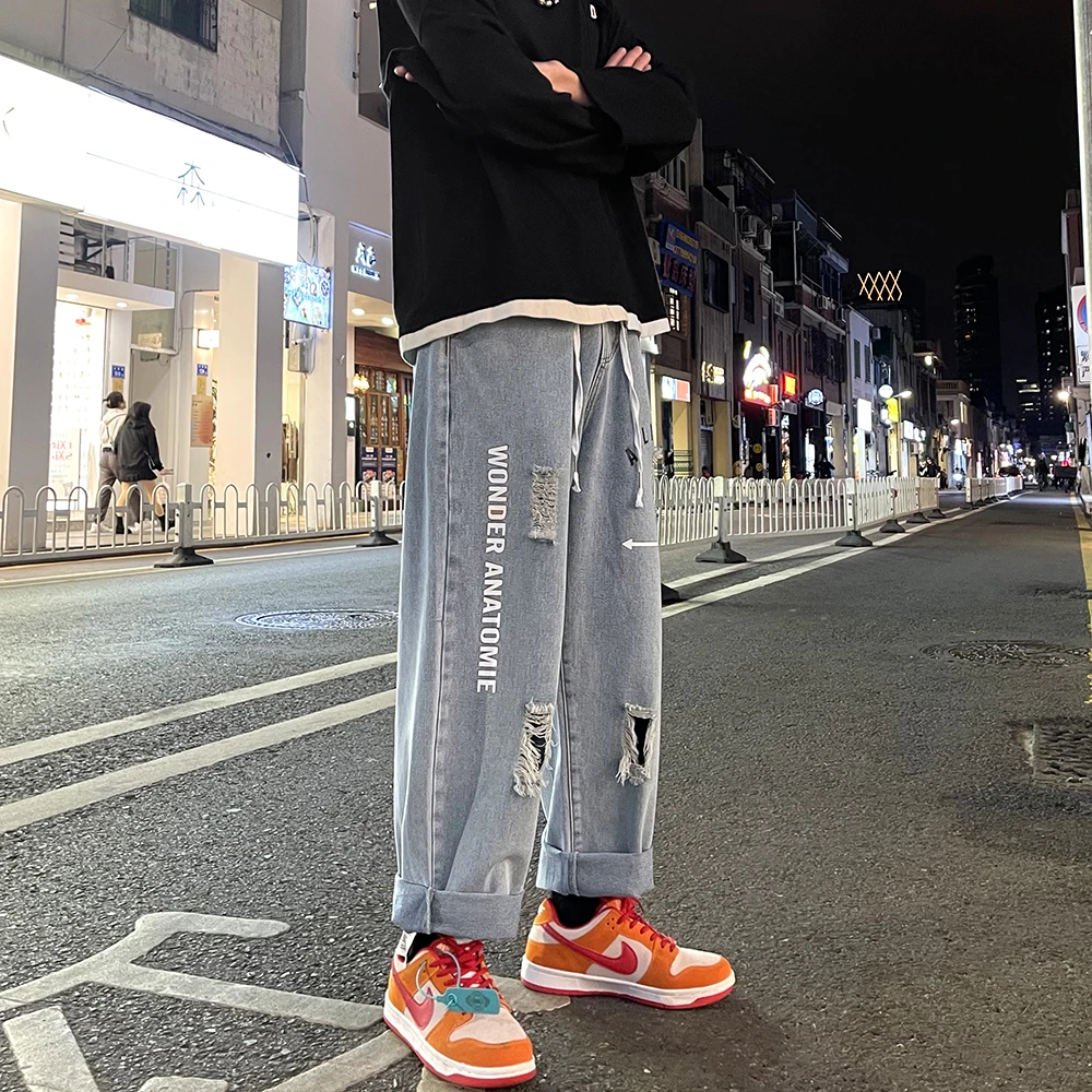 Oversized Wide Leg Jeans Pants for Men 2021 Fashion Trends Distressed Clothing Teens Ripped Hole Baggy Denim Trousers Streetwear