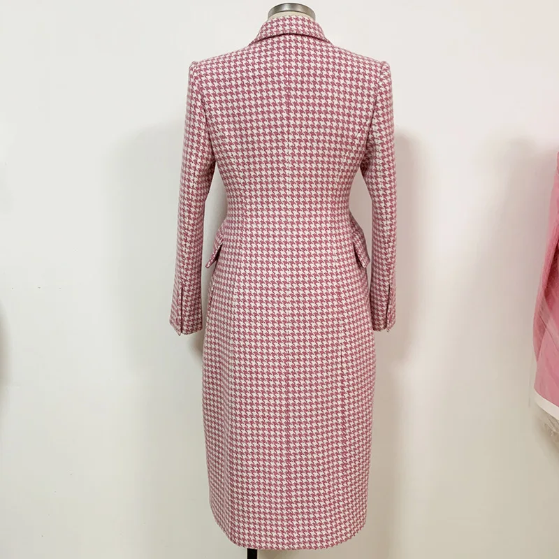 

Winter High Quality Long woolen coat Women Plaid Double Breasted Slim fashion Houndstooth overcoat