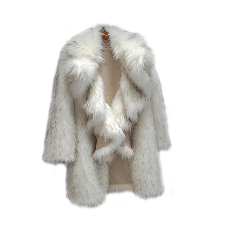 

High Street Kintted Faux Raccoon Dog Fur Womens Medium Lenght Jackets Korean Long Sleeve Big Collar Loose Warm Female Overcoats