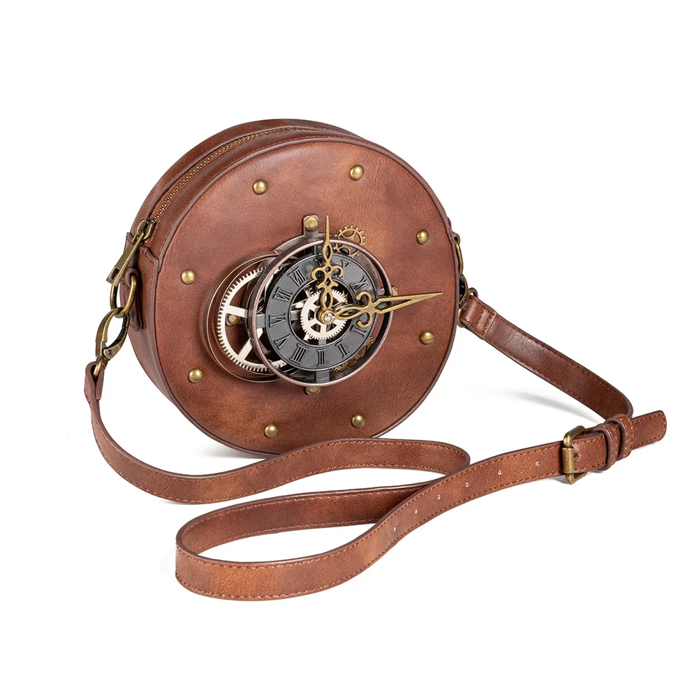

New Bags Female Steampunk Women's One Shoulder Crossbody Bag PU Leather Retro Style round Motorcycle Bag