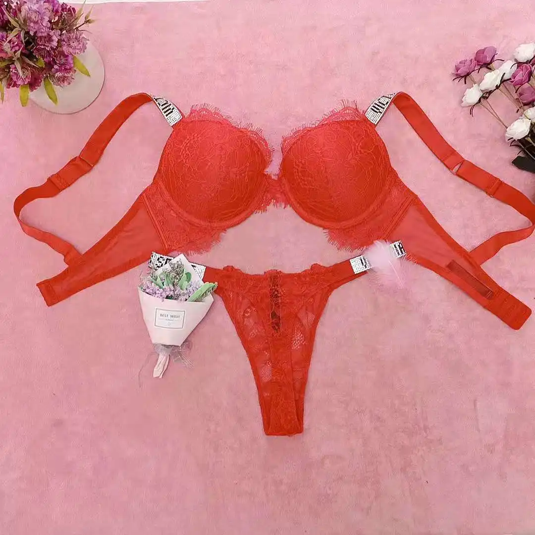 

Sexy Women's Underwear Set Lace Letter Rhinestone LOGO Bikini Push-Up Bra Adjustable Diamonds Women's Underwear 2Pcs Set