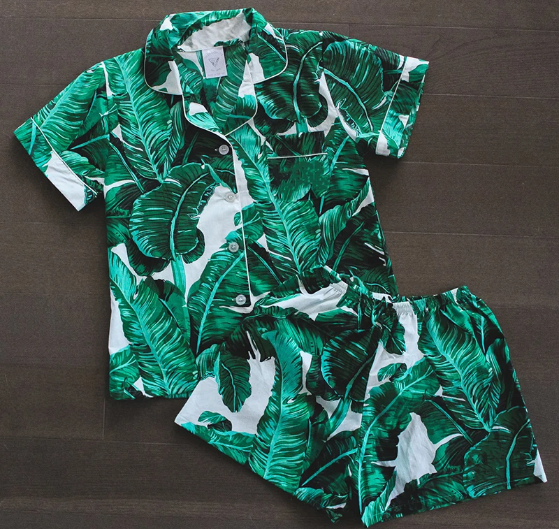 Пижама с принтом листьев Owiter пижама из вискозы и хлопка зеленая короткая для