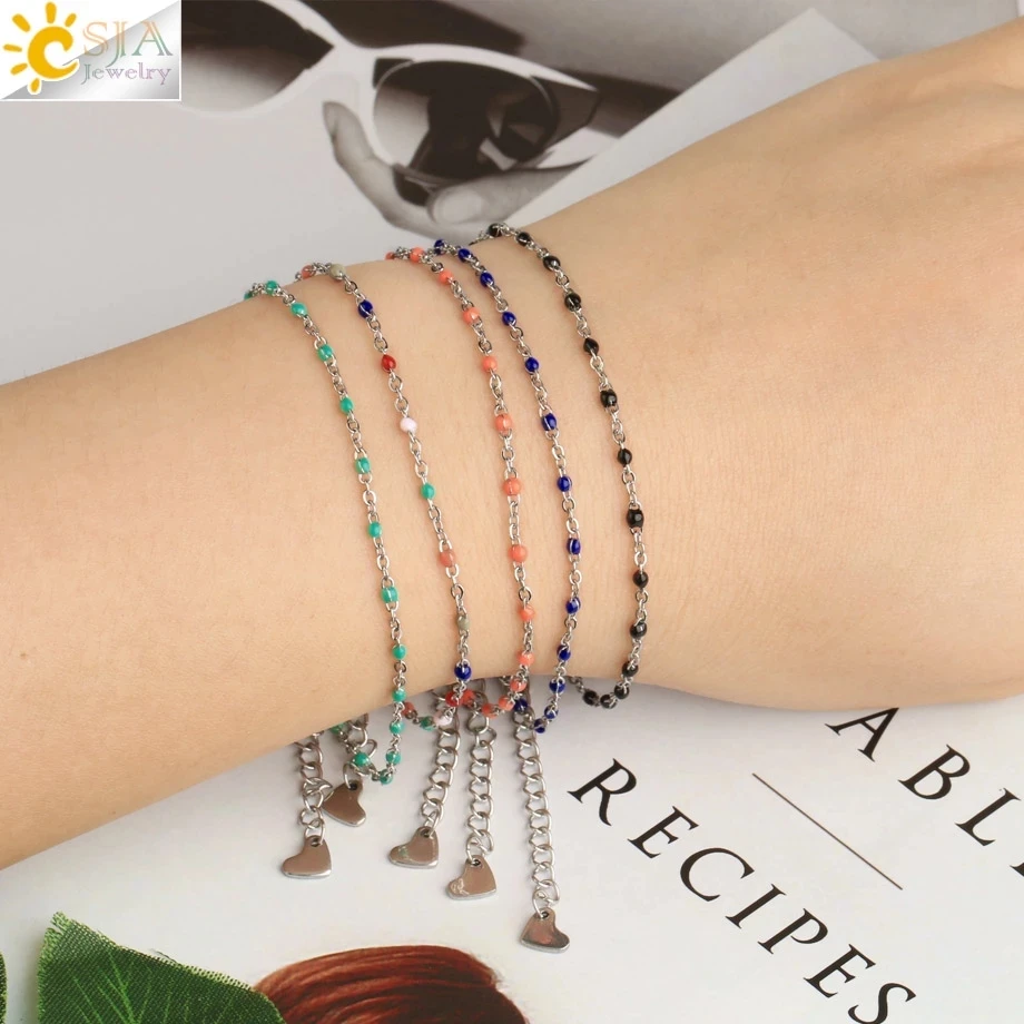 Женский браслет из нержавеющей стали CSJA Серебристый с эмалью и бусинами в форме