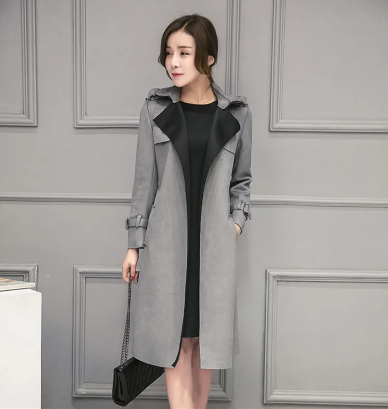 Ветровка с поясом Женская в Корейском стиле узкие серые пальто Весна Осень Тренч