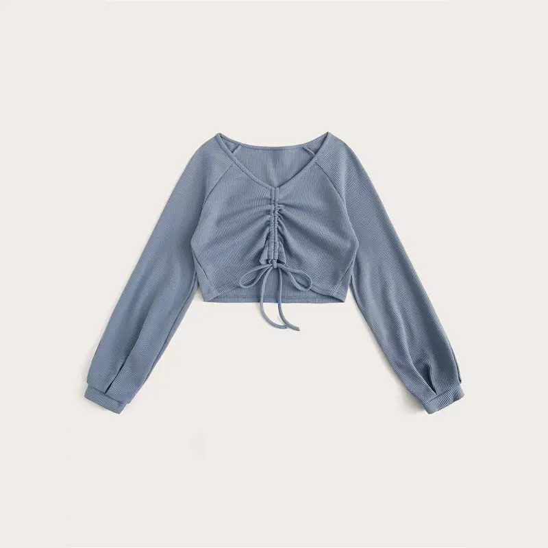 ROMWE V шеи Drawstring Передняя футболка осенняя одежда для женщин Повседневная короткий топ с длинными рукавами осенние однотонные женские топы одежда