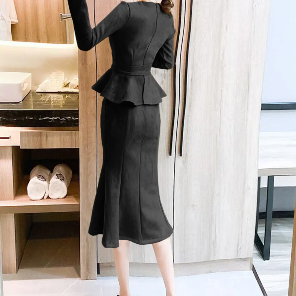 

BacklakeGirls 2021 New Style Women Elegant Long Sleeve Slim Ruffle Dress One Piece Sexy V Neck Cocktail Party Dresses Plus Size