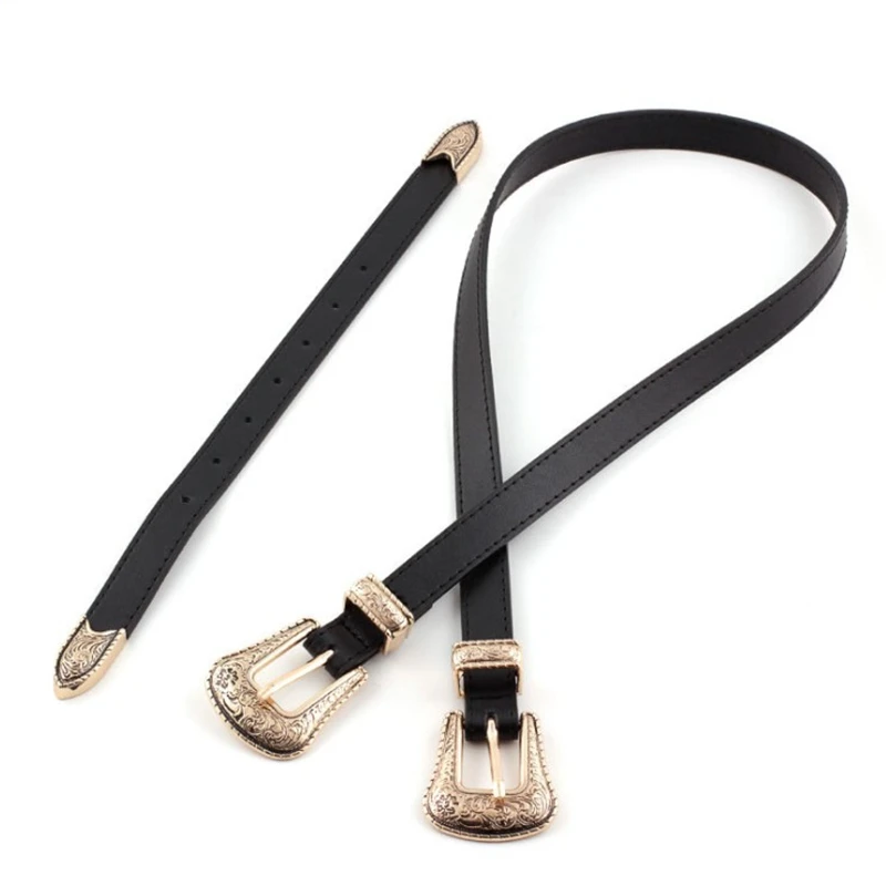 Ремень с двойной пряжкой Женский модный винтажный пояс в стиле бохо из металла и