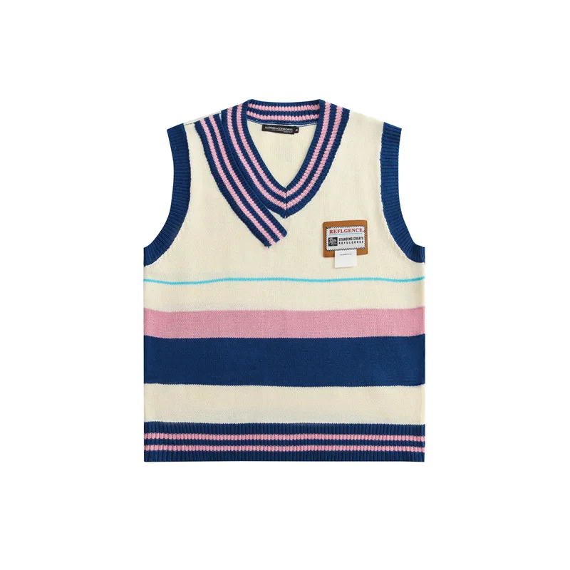 

Spring Autumn V-neck Sleeveless Vest Men and Women Couples Stripe Splicing Hedging Vest Retro Tie-dye Sweater Sweater Vest