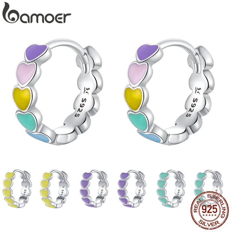 

bamoer Genuine 925 Sterling Silver Rainbow Color Enamel Heart Hoop Earrings for Women 2020 New Ear Hoops Female Jewelry SCE909