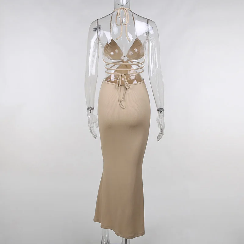 

Women Deep V-neck Bikini Maxi Dress 2021 Summer Sexy Metal Ring Cut Out Lace-up Halter Rib Knitted Backless Long Bodycon Dress