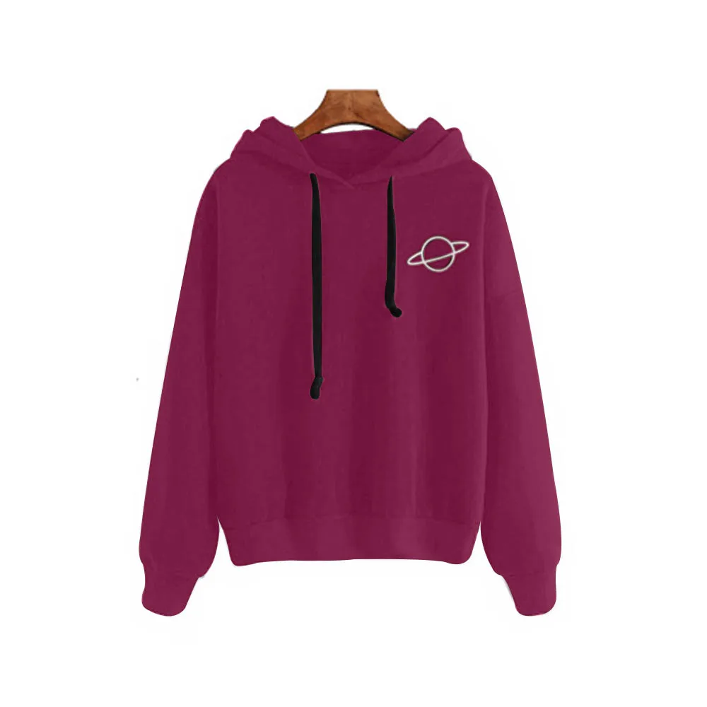 Women Hoodies Casual Kpop Planet Print Solid Loose Drawstring Sweatshirt Fashion Long Sleeve Hooded 2021 Autumn Female Pullover