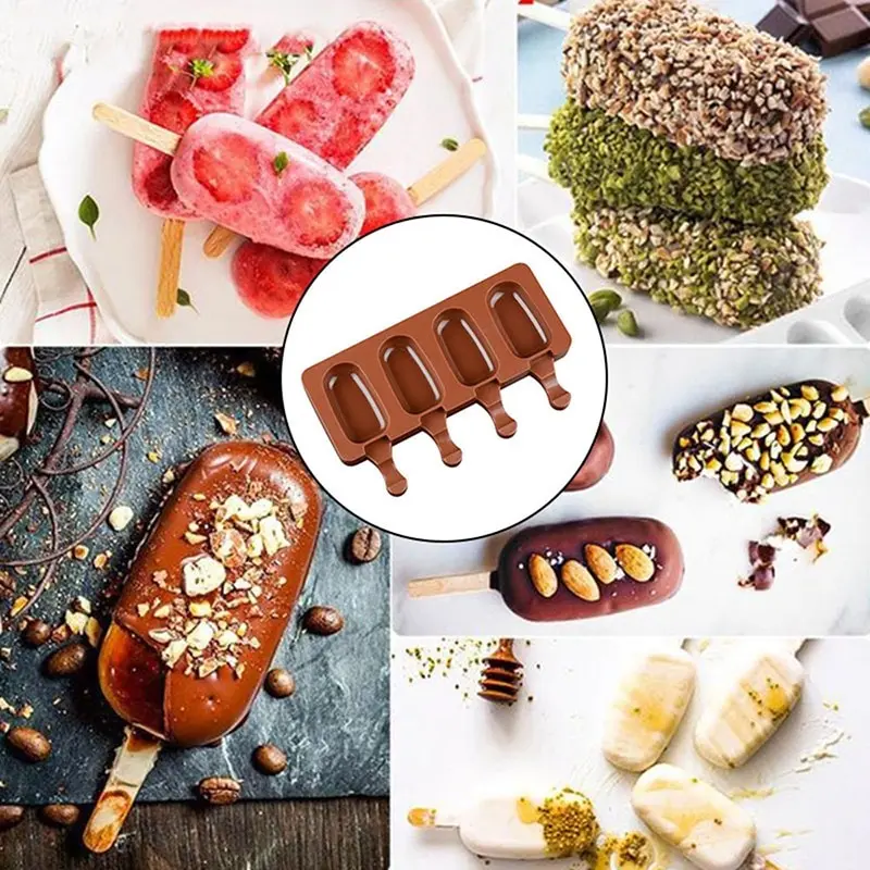 

4 Cell Big Size Silicone Ice Cream Mold Popsicle Molds DIY Homemade Dessert Freezer Fruit Juice Ice Maker Mould with Sticks