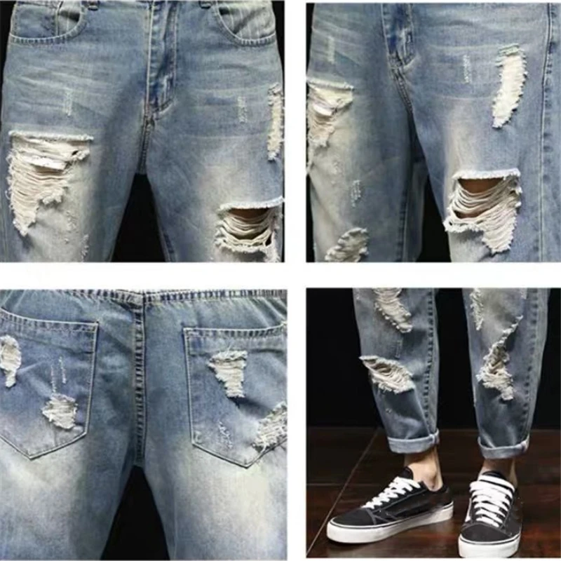 

Fashion Mens Baggy Ripped Hole Jeans 2020 Street Style Blue Denim Pants Loose Washed Jeans Mid-Waist Vaqueros Rotos De Hombre