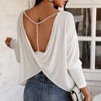chic women criss cross backless pearl beading t shirt long sleevle o neck crop top tee elegant lady tshirt summer casual clothes